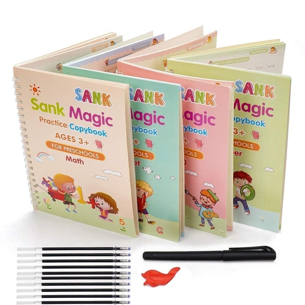 Sank Magic Handwriting Practice Book Set – 4 Reusable Books, 1 Magic Pen, 1 Grip, 10 Refills