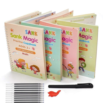 Sank Magic Handwriting Practice Book Set – 4 Reusable Books, 1 Magic Pen, 1 Grip, 10 Refills