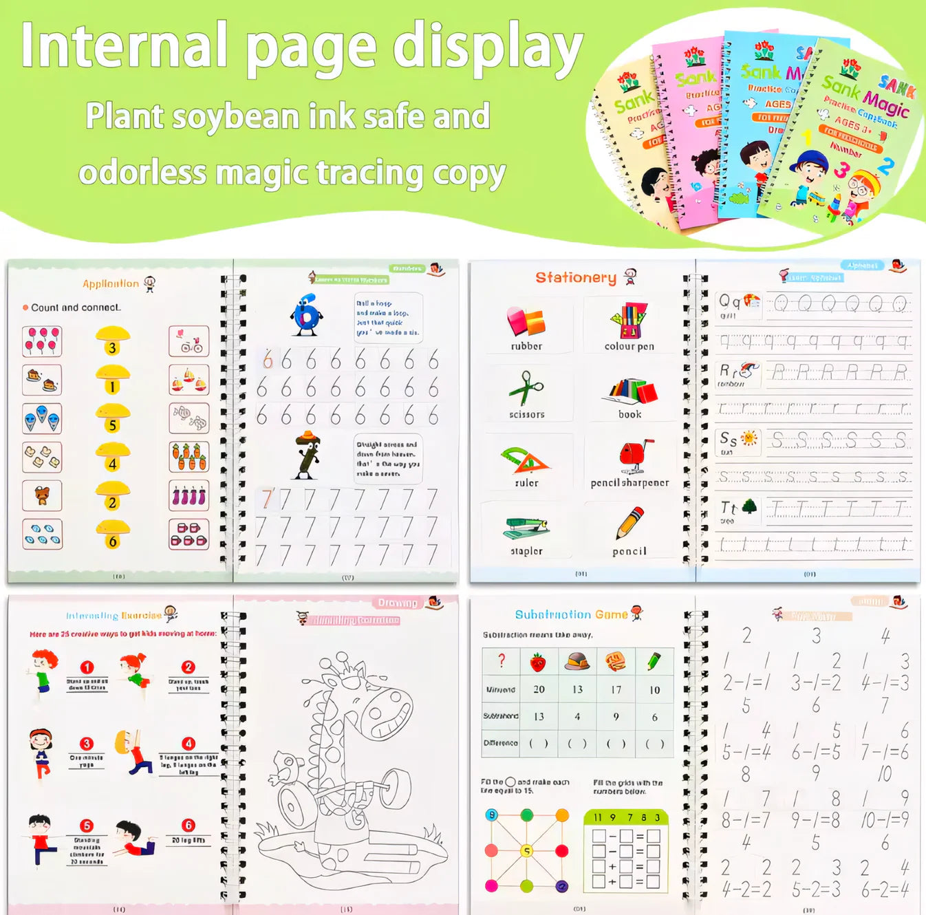 Sank Magic Handwriting Practice Book Set – 4 Reusable Books, 1 Magic Pen, 1 Grip, 10 Refills